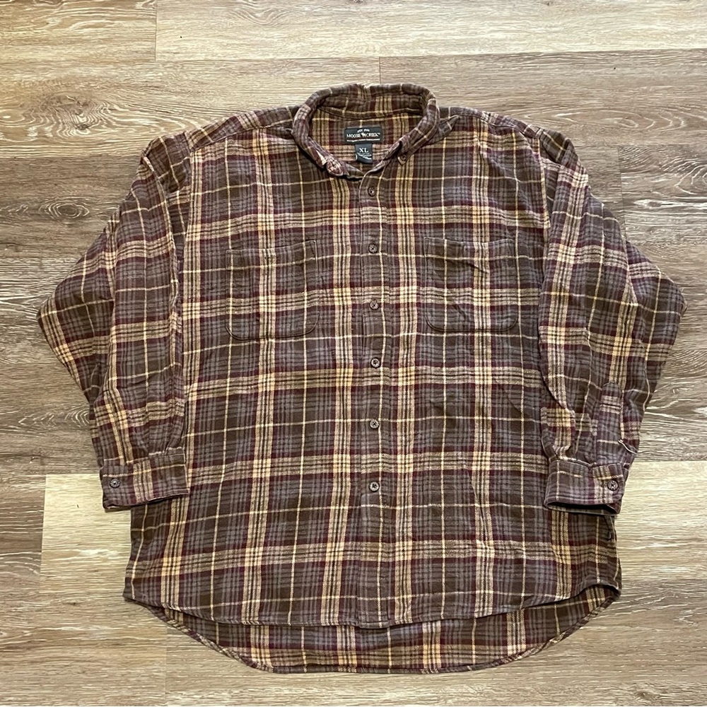 Vintage Moose Creek Shirt Mens XL Brown Plaid Heavy Cotton Button Down
